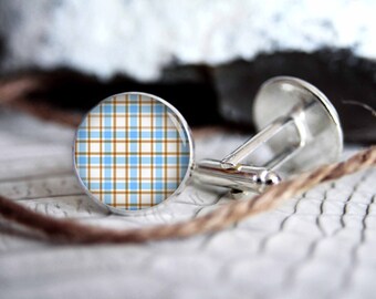 Blue and brown checkers pattern personalized custom cufflinks, cool gifts for men, wedding silver plated or black cuff link