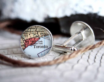 Cufflink, Toronto vintage map custom personalized cufflinks, cool gifts for men, wedding silver plated or black cuff link gift for men