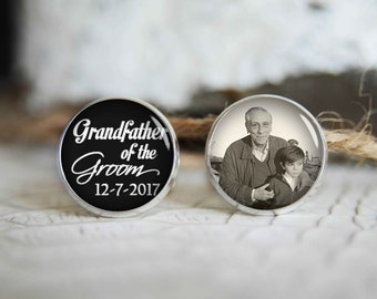 Grandfather of the groom personalized photo cufflinks, cool gifts for men, custom wedding silver plated or black cuff link