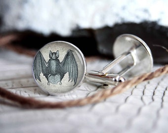 Bat vintage drawing cufflink custom personalized cufflinks, cool gifts for men, wedding silver plated or black cuff link gift for men