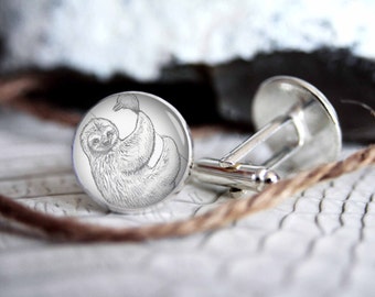 Cufflink sloth drawing custom personalized cufflinks, cool gifts for men, wedding silver plated or black cuff link gift for men