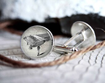 Piano vintage drawing cufflink custom personalized cufflinks, cool gifts for men, wedding silver plated or black cuff link gift for men