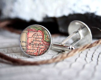 Cufflink Portland vintage map custom personalized cufflinks, cool gifts for men, wedding silver plated or black cuff link gift for men