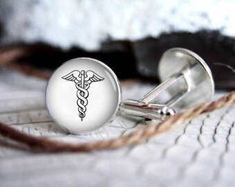 Caduceus drawing custom personalized cufflinks, cool gifts for men, wedding silver plated or black cuff link gift for men