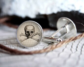 Skull vintage drawing cufflink custom personalized cufflinks, cool gifts for men, wedding silver plated or black cuff link gift for men