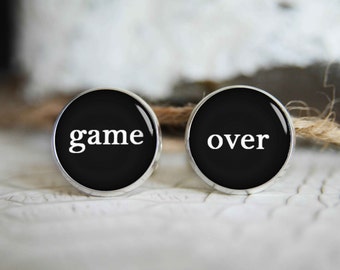 Game over grooms personalized cufflinks, cool gifts for men, custom wedding silver plated or black cuff link