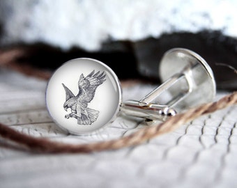Cufflink eagle drawing custom personalized cufflinks, cool gifts for men, wedding silver plated or black cuff link gift for men