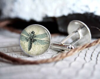 Dragonfly vintage drawing cufflink custom personalized cufflinks, cool gifts for men, wedding silver plated or black cuff link gift for men