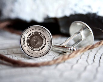 Vintage camera lens personalized cufflinks CL06, cool photographer gifts for men, custom wedding silver plated or black cuff link