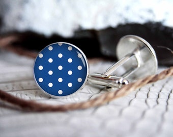 Blue polka dot pattern personalized custom cufflinks, cool gifts for men, wedding silver plated or black cuff link