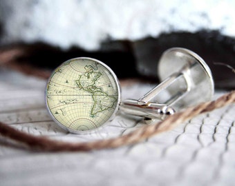 Vintage world map personalized cufflinks, cool gifts for men, custom wedding silver plated or black cuff link