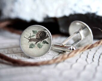 Snail vintage drawing cufflink custom personalized cufflinks, cool gifts for men, wedding silver plated or black cuff link gift men GR-02