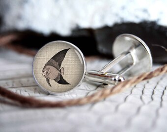 Fish vintage drawing cufflink custom personalized cufflinks, cool gifts for men, wedding silver plated or black cuff link gift for men