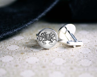 Octopus drawing cufflinks, cool gifts for men, wedding silver plated or black cuff link gift for men