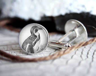 Cufflink penguin drawing custom personalized cufflinks, cool gifts for men, wedding silver plated or black cuff link gift for men