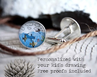 Personalized cufflinks with kid's drawing image, custom cool gifts for men, photo wedding silver plated or black cuff links