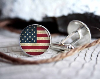 American flag personalized cufflinks, cool gifts for men, custom wedding silver plated or black cuff link