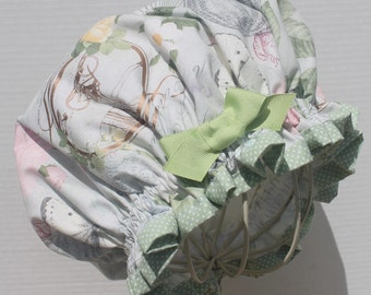 BOTANICAL BUTTERFLIES, ROSES & Vintage Bicycles Premium Cotton Fabric; Ladies Designer Shower Cap; Green W/ White Polka Dots Trim; Green Bow