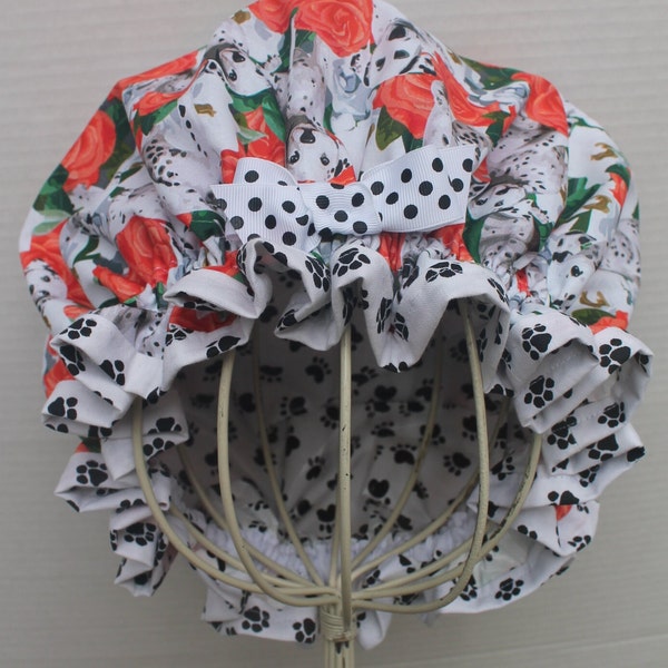 DALMATIAN Dogs W/ ROSES Cotton Fabric; Ladies Shower Cap; PAW Print Plastic Waterproof Lining; Paw Print Cotton Fabric Trim; Polka Dots Bow