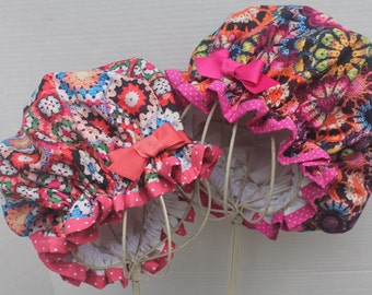 CROCHET Printed Novelty Cotton Fabric; 2 FABRIC Color CHOICES; Ladies Designer Shower Caps; Polka Dots Cotton Trim; Grosgrain Ribbons