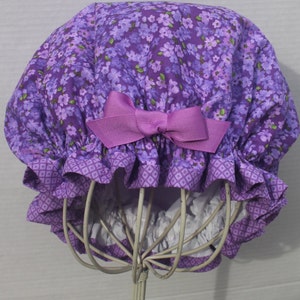 PURPLE FLOWERS Cotton Fabric Ladies Designer Shower Cap Two-Tone Colored Purple Diamonds Cotton Fabric Trim Purple Grosgrain Ribbon image 2