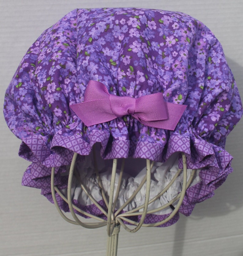 PURPLE FLOWERS Cotton Fabric Ladies Designer Shower Cap Two-Tone Colored Purple Diamonds Cotton Fabric Trim Purple Grosgrain Ribbon image 2