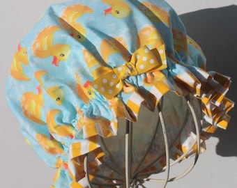RUBBER DUCKS W/ BUBBLES Cotton Fabric; Ladies Designer Shower Cap; Yellow & White Striped Cotton Fabric Trim; Yellow W/ White Polka Dots Bow