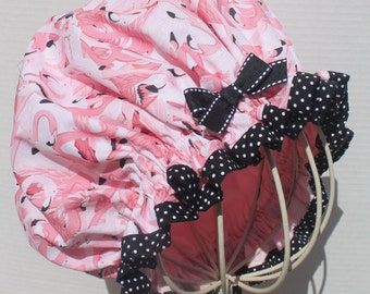 PINK FLAMINGOS Cotton Fabric; Ladies Designer Shower Cap; Black WIth White Polka Dots Cotton Trim; PINK Colored Plastic Lining; Black Bow