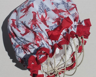 RED LOBSTERS W/ CORAL Novelty Cotton Fabric; Ladies Designer Shower Cap; Red W/ Small White Polka Dots Cotton Fabric Trim; Red Grosgrain Bow