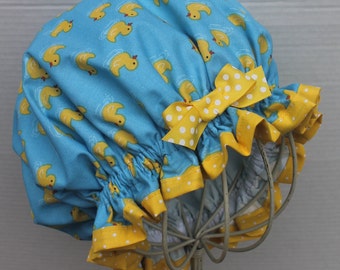 RUBBER DUCKS Cotton Fabric; Ladies Designer Shower Cap; Yellow With White Polka Dots Cotton Fabric Trim; Yellow With White Polka Dots Bow