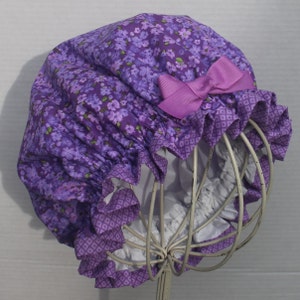 PURPLE FLOWERS Cotton Fabric Ladies Designer Shower Cap Two-Tone Colored Purple Diamonds Cotton Fabric Trim Purple Grosgrain Ribbon image 1