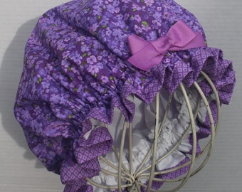 PURPLE FLOWERS Cotton Fabric; Ladies Designer Shower Cap; Two-Tone Colored Purple Diamonds Cotton Fabric Trim; Purple Grosgrain Ribbon