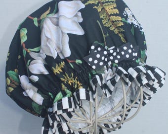 BOTANICAL White FLOWERS With FERNS Cotton Fabric; Ladies Designer Shower Cap;Black & White Stripes Fabric Trim;Black W/ White Polka Dots Bow