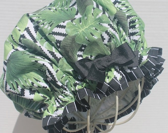 TROPICAL FERNS or PALMS with Geometrical Designs Cotton Fabric; Ladies Designers Shower Cap; Black & White Striped Trim; Black Grosgrain Bow