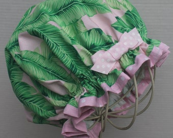 TROPICAL Fern Or PALM Leaves Cotton Fabric; Ladies Designer Shower Cap; Pale Pink Polka Dots Fabric Trim; Pink W/ White Polka Dots Bow