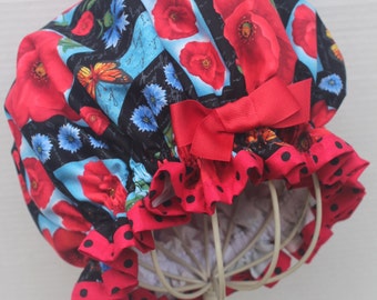 POPPY Flowers With BUTTERFLIES; Ladies Designer Shower Cap; PREMIUM Cotton Fabric; Red With Black Polka Dots Fabric Trim; Red Grosgrain Bow