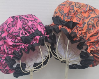 Monarch BUTTERFLIES Cotton Fabric; CHOOSE your Fabric COLOR; Ladies Designer Shower Cap; Black Glitter Accent Cotton Fabric Trim; Black Bow