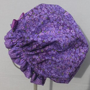 PURPLE FLOWERS Cotton Fabric Ladies Designer Shower Cap Two-Tone Colored Purple Diamonds Cotton Fabric Trim Purple Grosgrain Ribbon image 5