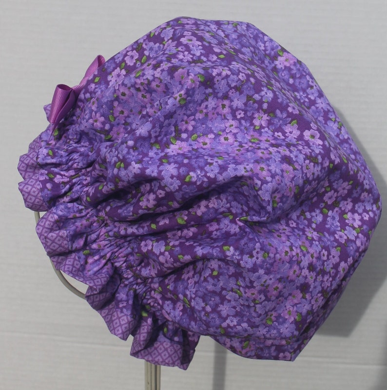 PURPLE FLOWERS Cotton Fabric Ladies Designer Shower Cap Two-Tone Colored Purple Diamonds Cotton Fabric Trim Purple Grosgrain Ribbon image 5