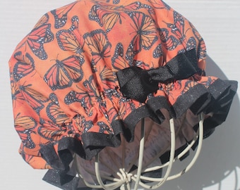 Monarch BUTTERFLIES Cotton Fabric; CHOOSE your Fabric Color; Ladies Designer Shower Cap; Black Glitter Accent Cotton Fabric Trim; Black Bow