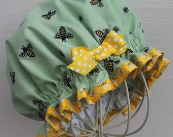 EMBROIDERED Bumble BEES Cotton Fabric; Choose Your Fabric Color;  Ladies Designer Shower Cap; Bees or Scroll Cotton Trim;Polka Dots /Blk Bow