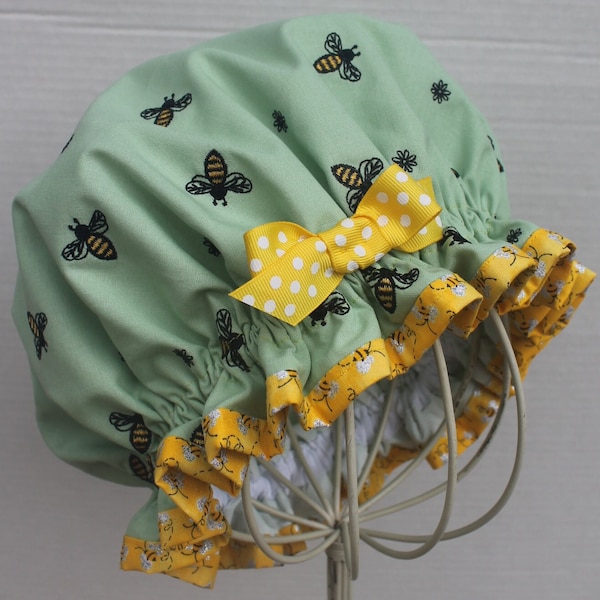 EMBROIDERED Bumble BEES Cotton Fabric; Choose Your Fabric Color;  Ladies Designer Shower Cap; Bees or Scroll Cotton Trim;Polka Dots /Blk Bow