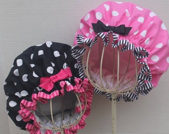 POLKA DOTS Cotton Fabric; CHOOSE Your Fabric Color; Ladies Designer Shower Cap; Various Colors of Stripes Cotton Trim; Various Colored Bows