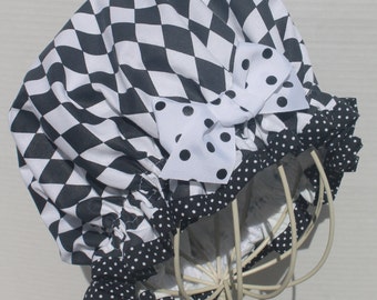 DIAMONDS, Black & White Cotton Fabric; Ladies Designer Shower Cap; POLKA DOTS Cotton Fabric Trim; Polka Dots Grosgrain Bow; Classic Design