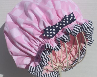 PINK CHECKERBOARDS Cotton Fabric; Ladies Designer Shower Cap; PINK Colored Plastic Lining; Black & White Striped Trim; Black Polka Dots Bow