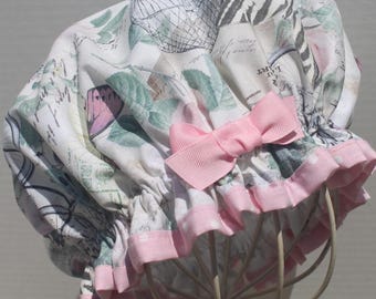 BOTANICAL Vintage ROSES, BUTTERFLIES & Bicyles Premium Cotton Fabric; Ladies Designer Shower Cap; Pink W/ White Polka Dots Trim; Pink Bow