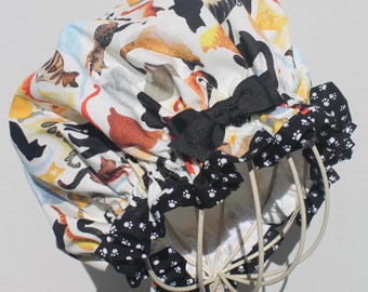 Watercolor CATS Novelty Cotton Fabric; Ladies Designer Shower Cap: Cat PAWS Cotton Fabric Trim; Black Grosgrain Ribbon