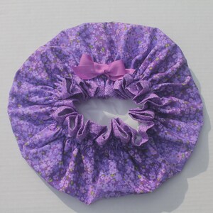 PURPLE FLOWERS Cotton Fabric Ladies Designer Shower Cap Two-Tone Colored Purple Diamonds Cotton Fabric Trim Purple Grosgrain Ribbon image 7