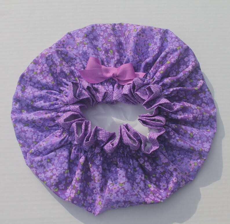 PURPLE FLOWERS Cotton Fabric Ladies Designer Shower Cap Two-Tone Colored Purple Diamonds Cotton Fabric Trim Purple Grosgrain Ribbon image 7