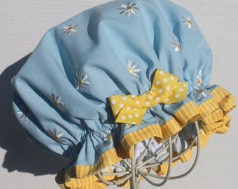 EMBROIDERED DAISY FLOWERS Cotton Fabric; Choose your Fabric Color;  Ladies Designer Shower Cap; Yellow Striped Or White Cotton Fabric Trim